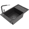 Mexen Elias granite kitchen sink 1-bowl with drainer and Flora kitchen faucet, speckled black - 6511-76-670401-07-B