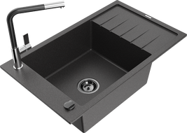 Mexen Elias granite kitchen sink 1-bowl with drainer and Flora kitchen faucet, speckled black - 6511-76-670401-07-B