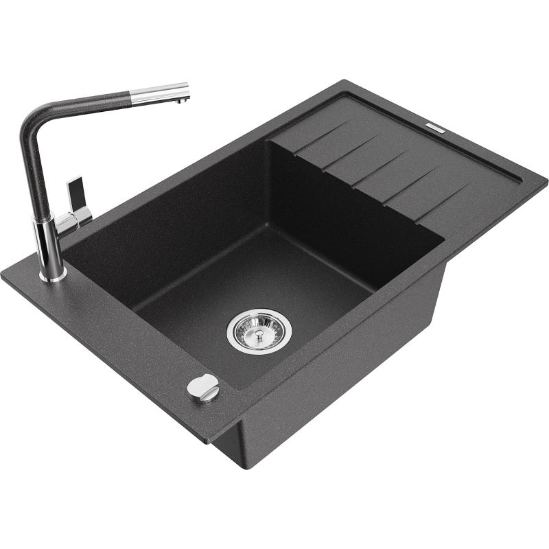 Mexen Elias 1-compartment granite sink with a drip tray and kitchen mixer tap Flora, spotted black - 6511-76-670401-08