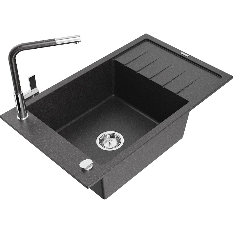 Mexen Elias granite kitchen sink 1-bowl with drainer and Flora kitchen faucet, speckled black - 6511-76-670401-08