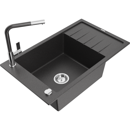 Mexen Elias granite kitchen sink 1-bowl with drainer and Flora kitchen faucet, speckled black - 6511-76-670401-08