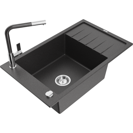 Mexen Elias granite sink single-bowl with drainer and Flora kitchen tap, speckled black - 6511-76-670401-08