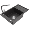 Mexen Elias granite kitchen sink 1-bowl with drainer and Flora kitchen faucet, speckled black - 6511-76-670401-08