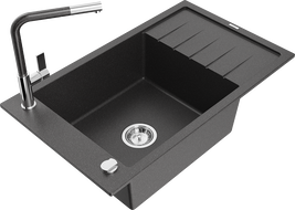 Mexen Elias granite kitchen sink 1-bowl with drainer and Flora kitchen faucet, black speckled - 6511-76-670401-08