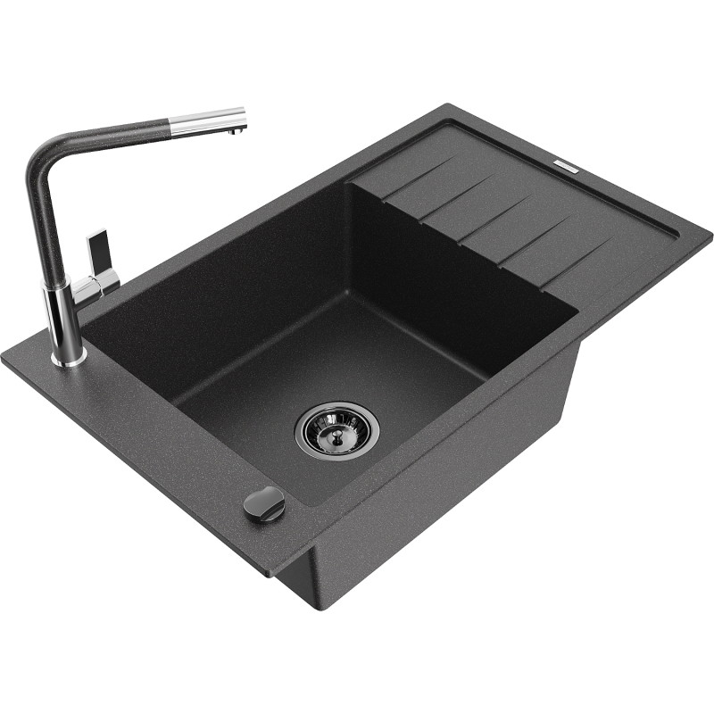 Mexen Elias granite sink 1-bowl with drainer and Flora kitchen faucet, black speckled - 6511-76-670401-08-B