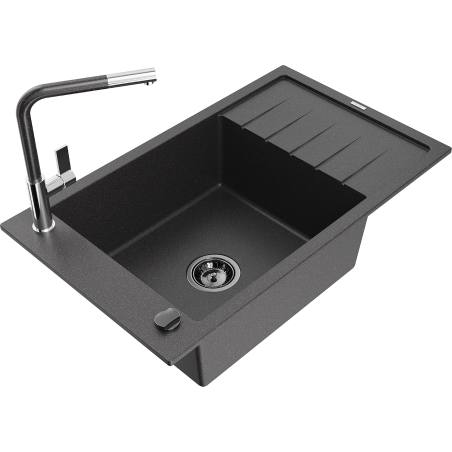 Mexen Elias granite kitchen sink 1-bowl with drainer and Flora kitchen faucet, black speckled - 6511-76-670401-08-B