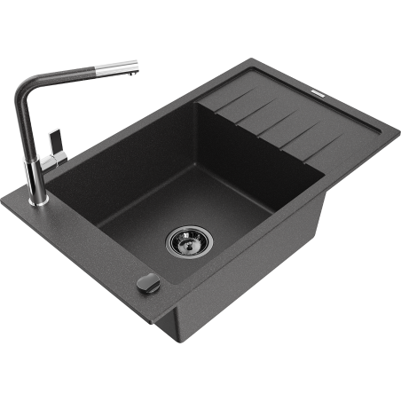 Mexen Elias granite sink 1-bowl with drainer and Flora kitchen faucet, black speckled - 6511-76-670401-08-B