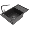 Mexen Elias granite sink 1-bowl with drainer and Flora kitchen faucet, black speckled - 6511-76-670401-08-B