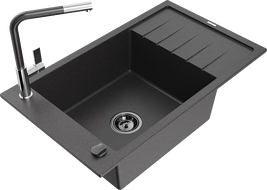 Mexen Elias granite kitchen sink 1-bowl with drainer and Flora kitchen faucet, black speckled - 6511-76-670401-08-B