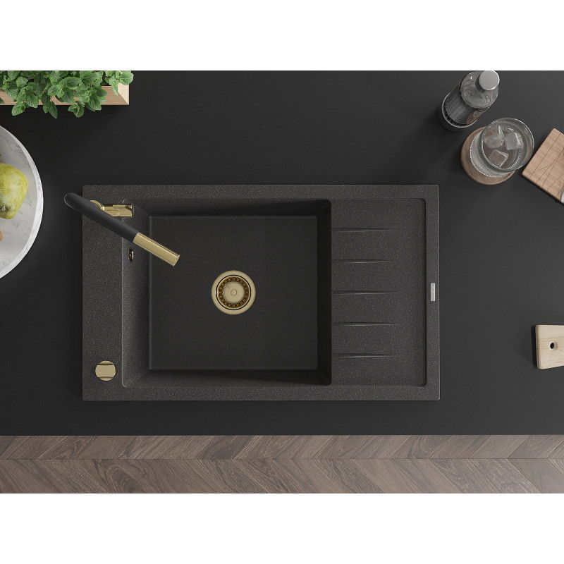 Mexen Elias granite kitchen sink, 1-bowl with drainer and Flora kitchen tap, black speckled - 6511-76-670401-57-G