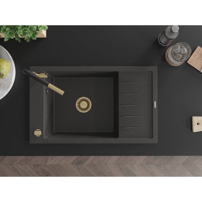 Mexen Elias granite single-bowl sink with drainer and Flora kitchen faucet, black speckled - 6511-76-670401-57-G