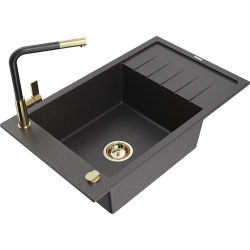 Mexen Elias 1-compartment granite sink with a drip tray and kitchen mixer tap Flora, spotted black - 6511-76-670401-57-G