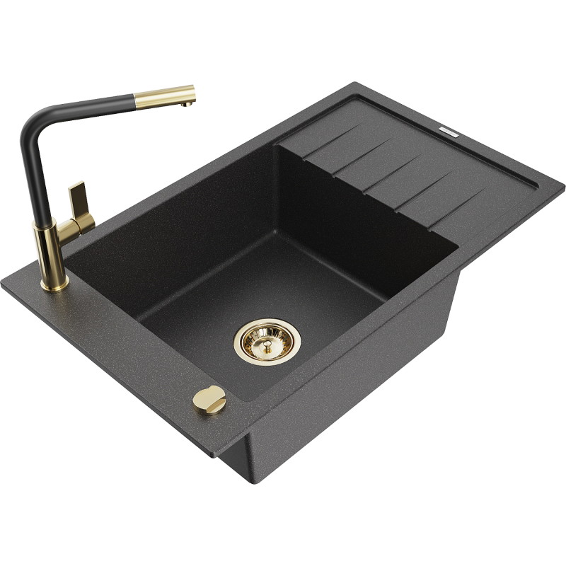 Mexen Elias granite single-bowl sink with drainer and Flora kitchen faucet, black speckled - 6511-76-670401-57-G
