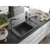 Mexen Elias granite kitchen sink 1-bowl with drainer and Flora kitchen faucet, speckled black - 6511-76-670401-57-B