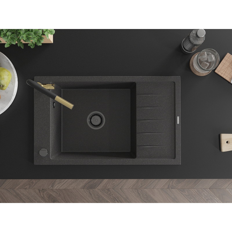Mexen Elias granite kitchen sink 1-bowl with drainer and Flora kitchen faucet, speckled black - 6511-76-670401-57-B
