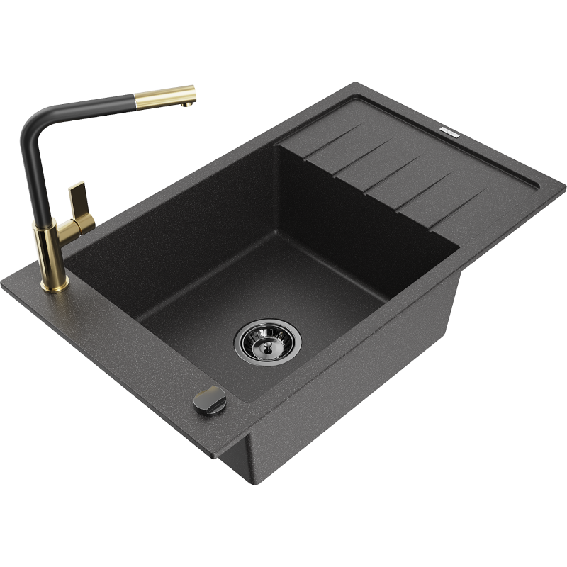Mexen Elias 1-compartment granite sink with a drip tray and kitchen mixer tap Flora, spotted black - 6511-76-670401-57-B