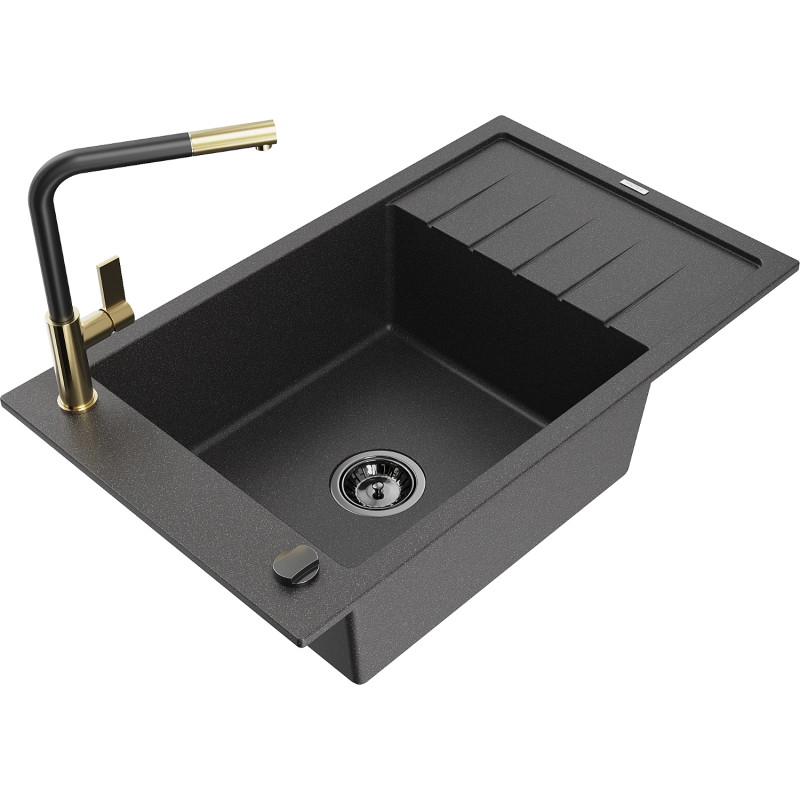 Mexen Elias granite kitchen sink 1-bowl with drainer and Flora kitchen faucet, speckled black - 6511-76-670401-57-B