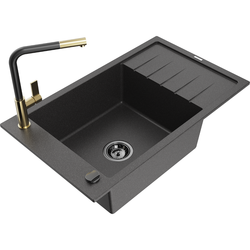 Mexen Elias granite sink 1-bowl with drainer and Flora kitchen tap, black speckled - 6511-76-670401-57-B