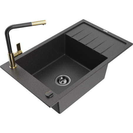 Mexen Elias granite kitchen sink 1-bowl with drainer and Flora kitchen faucet, speckled black - 6511-76-670401-57-B