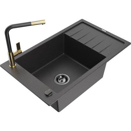 Mexen Elias granite sink 1-bowl with drainer and Flora kitchen tap, black speckled - 6511-76-670401-57-B
