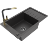 Mexen Elias granite kitchen sink 1-bowl with drainer and Flora kitchen faucet, black speckled - 6511-76-670401-57-B