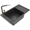 Mexen Elias granite kitchen sink 1-bowl with drainer and Flora kitchen faucet, speckled black - 6511-76-670401-57-B