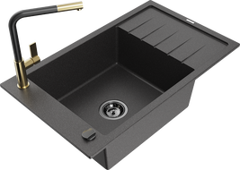 Mexen Elias granite kitchen sink 1-bowl with drainer and Flora kitchen faucet, black speckled - 6511-76-670401-57-B