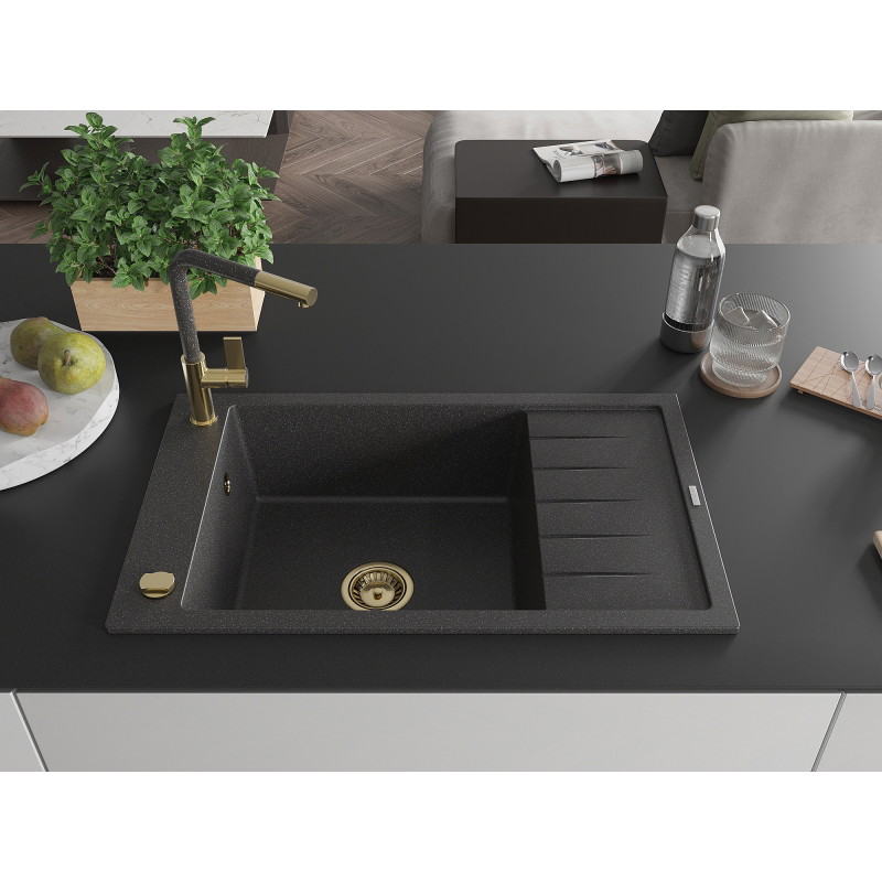 Mexen Elias granite kitchen sink 1-bowl with drainer and Flora kitchen faucet, speckled black - 6511-76-670401-75-G