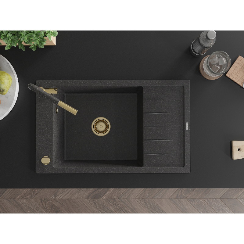 Mexen Elias 1-bowl granite sink with drainer and Flora kitchen faucet, black speckled - 6511-76-670401-75-G