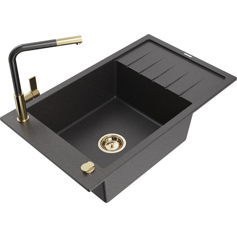 Mexen Elias 1-compartment granite sink with a drip tray and kitchen mixer tap Flora, spotted black - 6511-76-670401-75-G