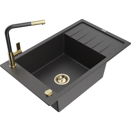 Mexen Elias granite kitchen sink 1-bowl with drainer and Flora kitchen faucet, speckled black - 6511-76-670401-75-G