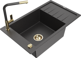 Mexen Elias granite kitchen sink 1-bowl with drainer and Flora kitchen faucet, speckled black - 6511-76-670401-75-G