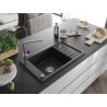 Mexen Elias granite sink 1-bowl with drainer and Flora kitchen tap, black - 6511-77-670401-00
