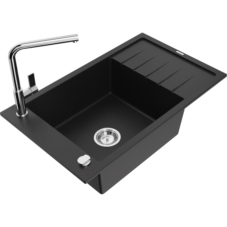 Mexen Elias granite sink 1-bowl with drainer and Flora kitchen faucet, black - 6511-77-670401-00