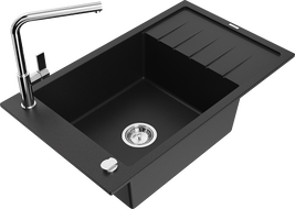 Mexen Elias granite sink 1-bowl with drainer and Flora kitchen tap, black - 6511-77-670401-00