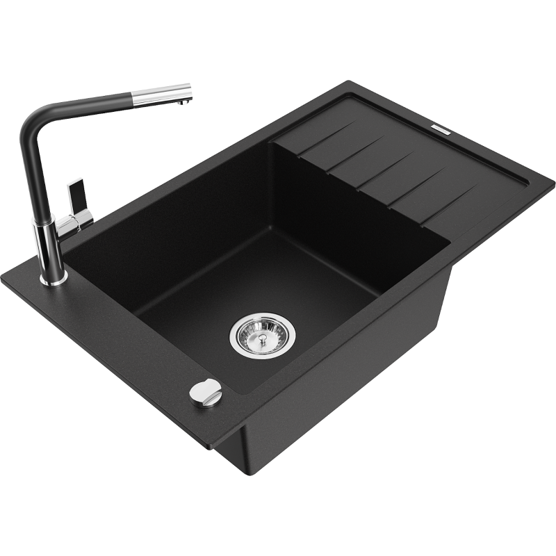 Mexen Elias 1-compartment granite sink with a drip tray and kitchen mixer tap Flora, Black - 6511-77-670401-07