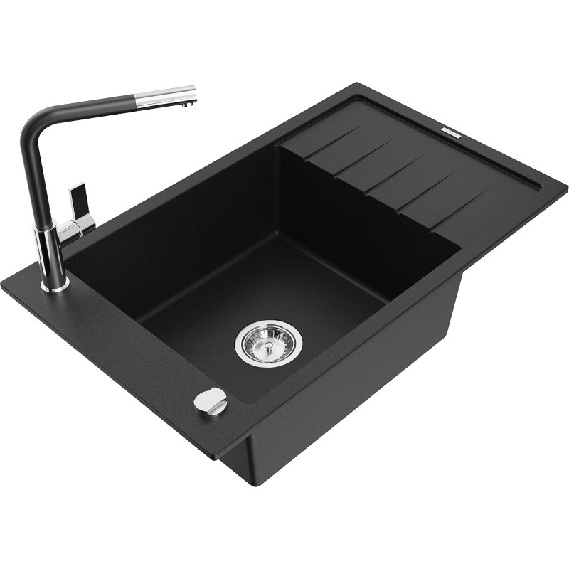 Mexen Elias granite kitchen sink with 1 bowl, drainer, and Flora kitchen faucet, black - 6511-77-670401-07
