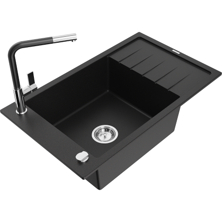 Mexen Elias granite sink 1-bowl with drainer and kitchen faucet Flora, black - 6511-77-670401-07