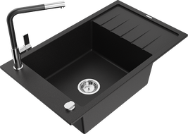 Mexen Elias 1-compartment granite sink with a drip tray and kitchen mixer tap Flora, Black - 6511-77-670401-07
