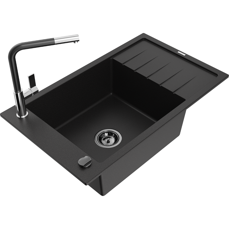 Mexen Elias single-bowl granite sink with drainer and Flora kitchen tap, black - 6511-77-670401-07-B