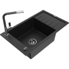 Mexen Elias 1-bowl granite sink with drainer and Flora kitchen faucet, black - 6511-77-670401-07-B