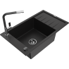 Mexen Elias granite kitchen sink single-bowl with drainboard and Flora kitchen faucet, black - 6511-77-670401-07-B
