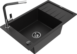 Mexen Elias granite kitchen sink single-bowl with drainboard and Flora kitchen faucet, black - 6511-77-670401-07-B
