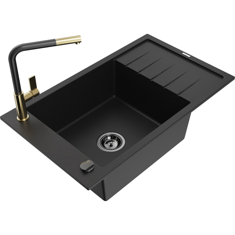 Mexen Elias 1-bowl granite kitchen sink with drainer and Flora kitchen faucet, black - 6511-77-670401-57-B