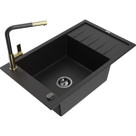 Mexen Elias 1-compartment granite sink with a drip tray and kitchen mixer tap Flora, Black - 6511-77-670401-57-B