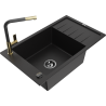 Mexen Elias 1-compartment granite sink with a drip tray and kitchen mixer tap Flora, Black - 6511-77-670401-57-B