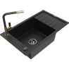 Mexen Elias granite kitchen sink 1-bowl with drainer and Flora kitchen faucet, black - 6511-77-670401-57-B