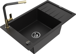 Mexen Elias 1-bowl granite kitchen sink with drainer and Flora kitchen faucet, black - 6511-77-670401-57-B