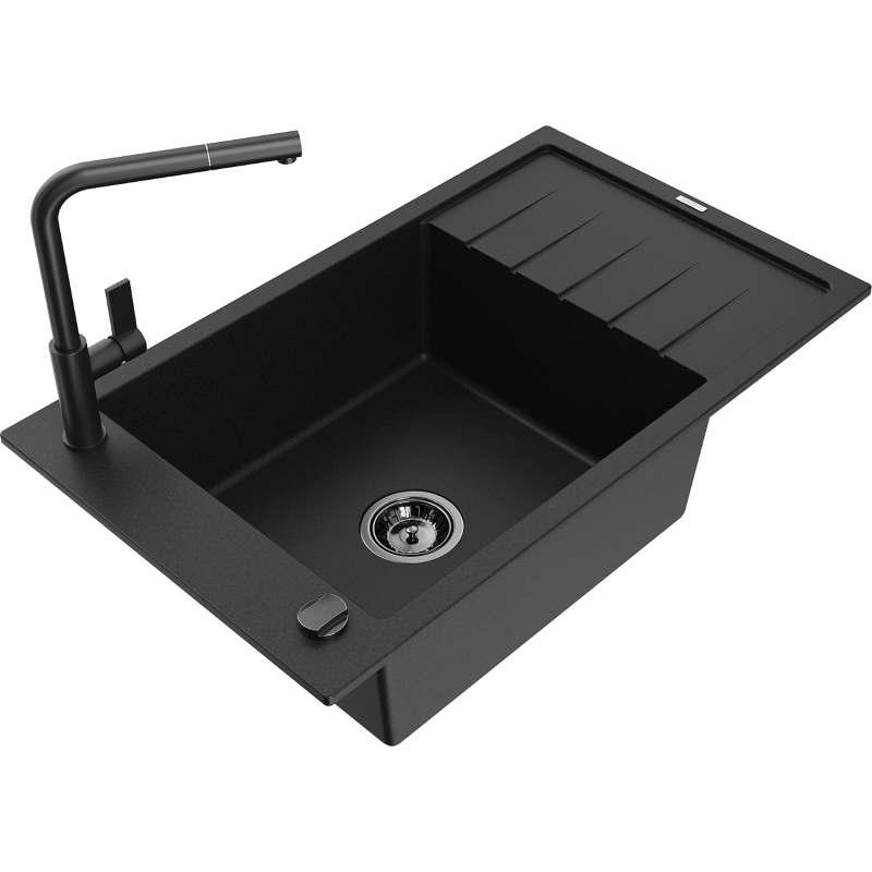 Mexen Elias 1-compartment granite sink with a drip tray and kitchen mixer tap Flora, Black - 6511-77-670401-70-B