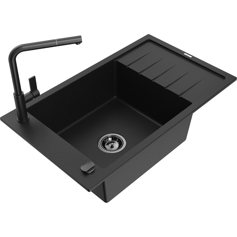 Mexen Elias granite sink single-bowl with drainer and Flora kitchen faucet, black - 6511-77-670401-70-B